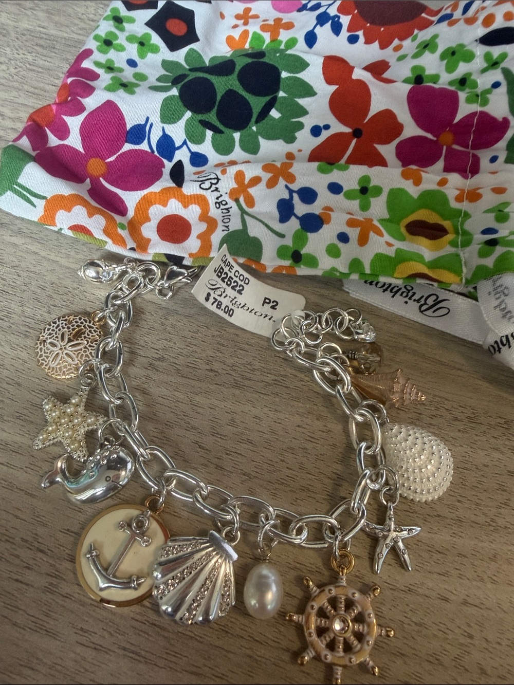 Brighton Silver-Tone Nautical Charm Bracelet with Pearl & Gold Accents